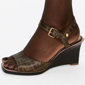 FENDI Tobacco Brown FF Zucca Logo Coated Canvas Wedge Sandals Size EU38.5